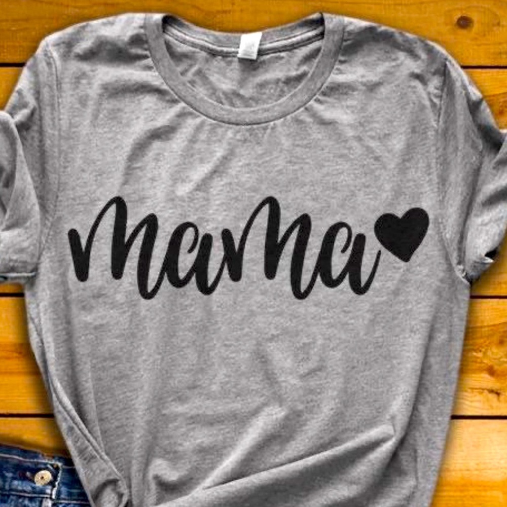 “mama 🖤” custom made gray tee w/ black lettering